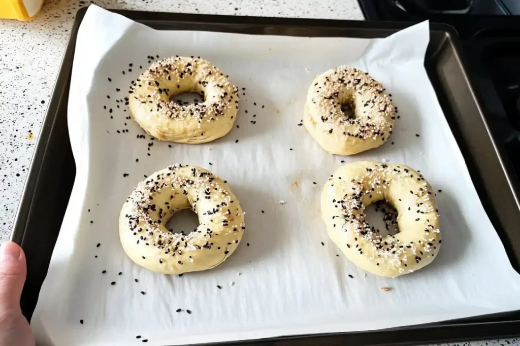 Cottage Cheese Bagels Recipe: Easy, Gluten-Free & Air Fryer Friendly 5 shaped cottage cheese bagels topped with everything seasoning on a baking tray