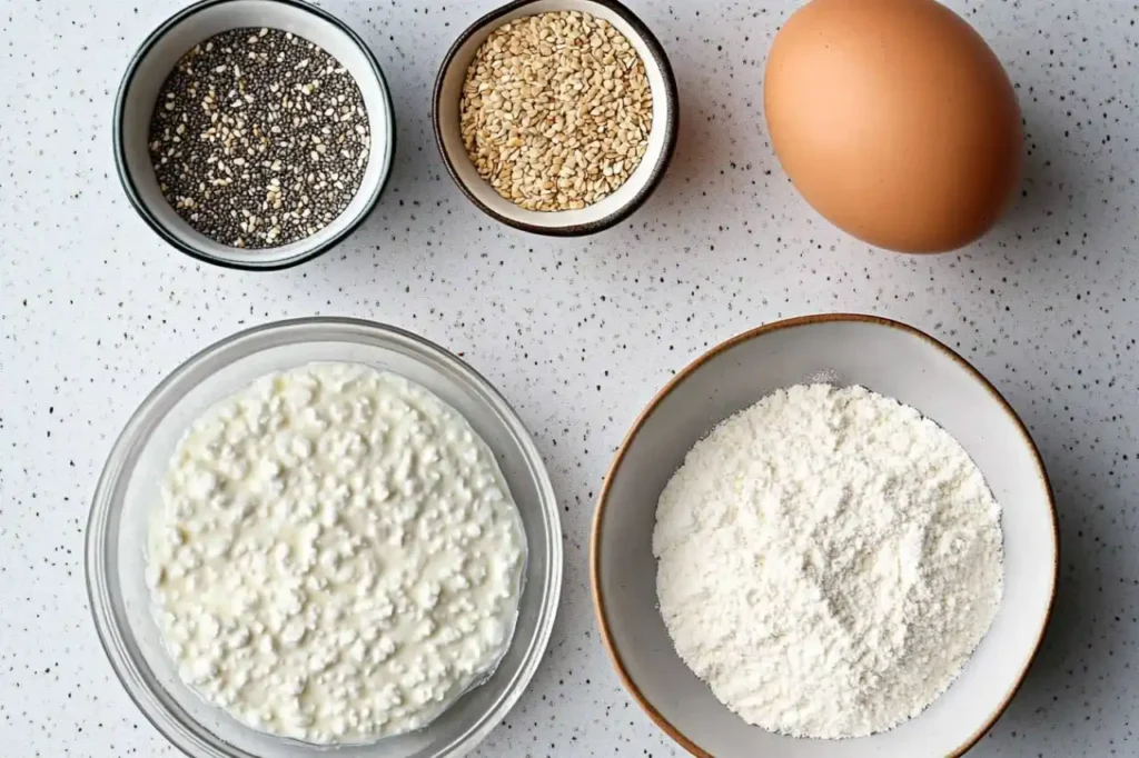 Cottage Cheese Bagels Recipe: Easy, Gluten-Free & Air Fryer Friendly 3 ingredients for cottage cheese bagels including cottage cheese, almond flour, egg, chia seeds, and sesame seeds